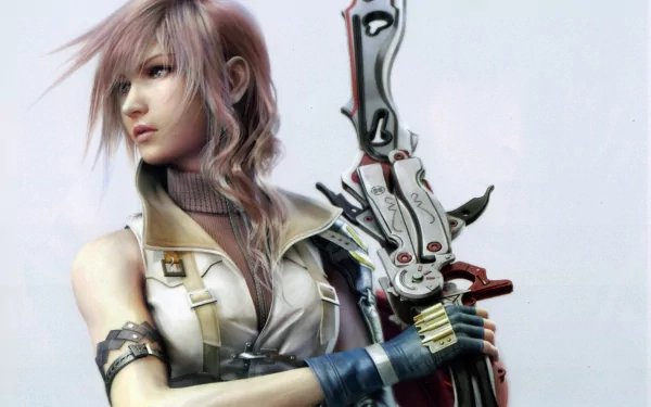 HD PC desktop wallpaper featuring a detailed, close-up image of Lightning from the video game Final Fantasy XIII holding a large weapon.