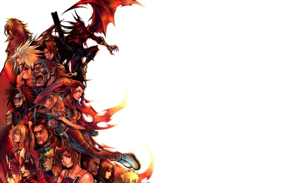 HD PC desktop wallpaper featuring characters from the video game Dirge of Cerberus: Final Fantasy VII, showcasing a dynamic and fiery group composition.