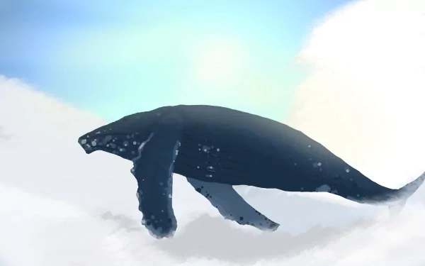 Fantasy 4K Ultra HD PC desktop wallpaper of a giant whale gliding through bright clouds against a soft blue sky.
