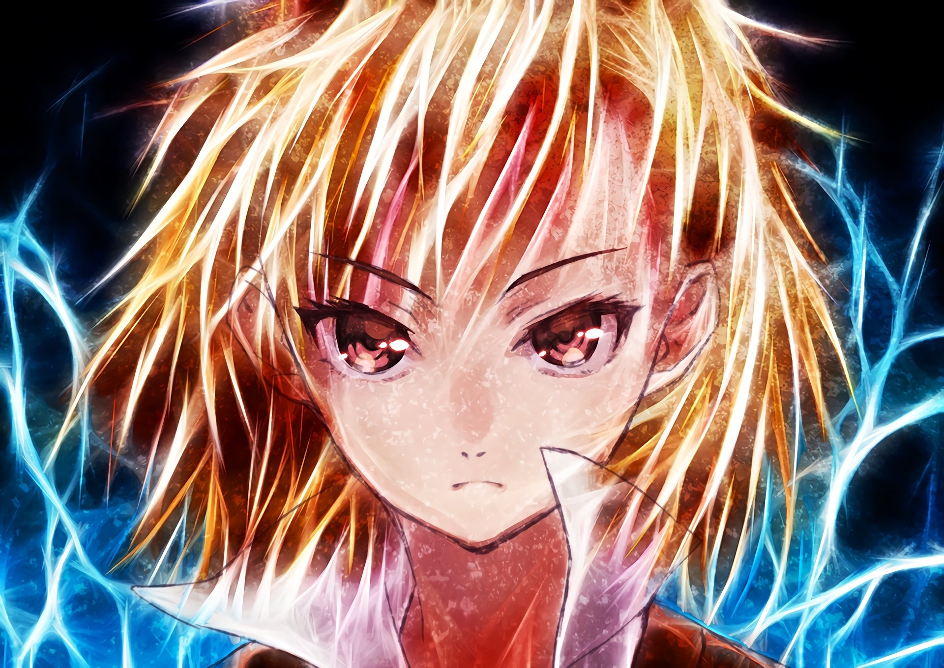 HD PC desktop wallpaper featuring Mikoto Misaka from the anime A Certain Scientific Railgun, depicted with intense expression and electric energy effects.