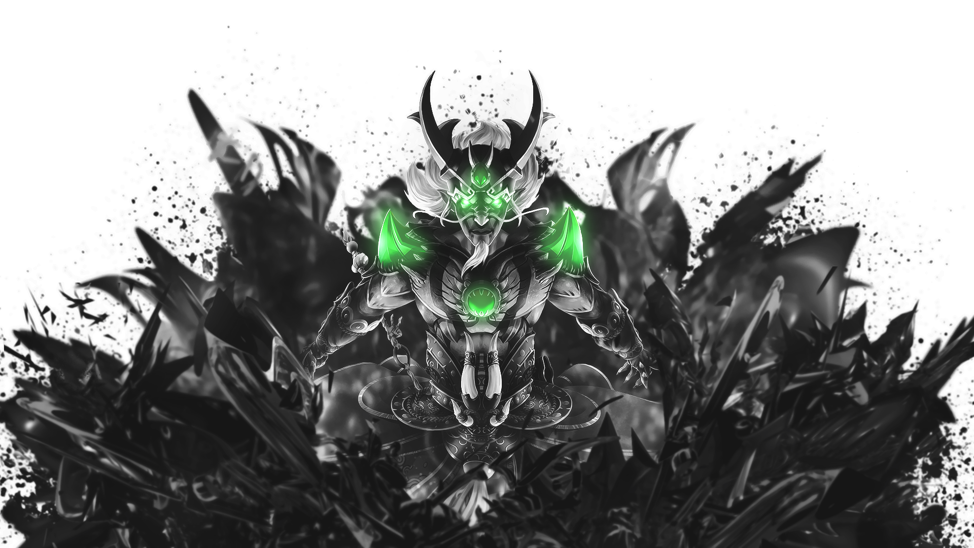 Ao Kuang (Smite) video game character in dark spiky armor with bright green glowing highlights, dramatic monochrome composition — HD PC desktop wallpaper/background.