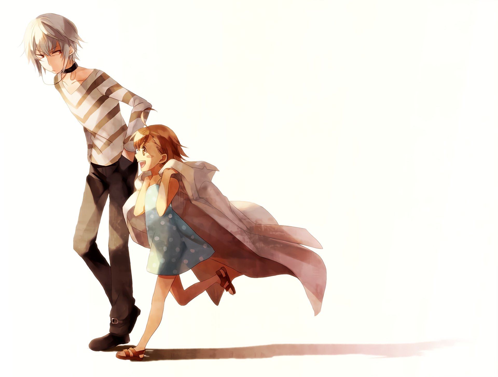 HD PC anime desktop wallpaper of Accelerator and Last Order from A Certain Magical Index — Accelerator walking while Last Order holds his coat, soft pastel backdrop.