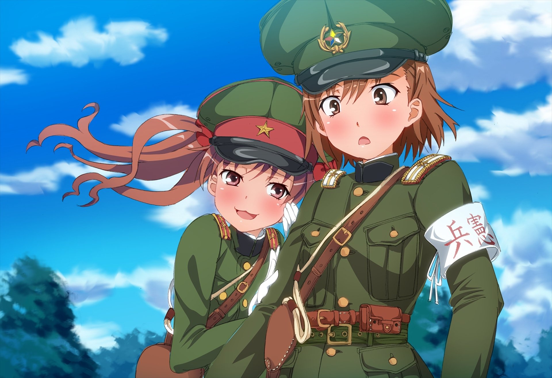 HD anime wallpaper featuring Kuroko Shirai and Mikoto Misaka from A Certain Scientific Railgun, dressed in vintage military uniforms against a bright blue sky backdrop.