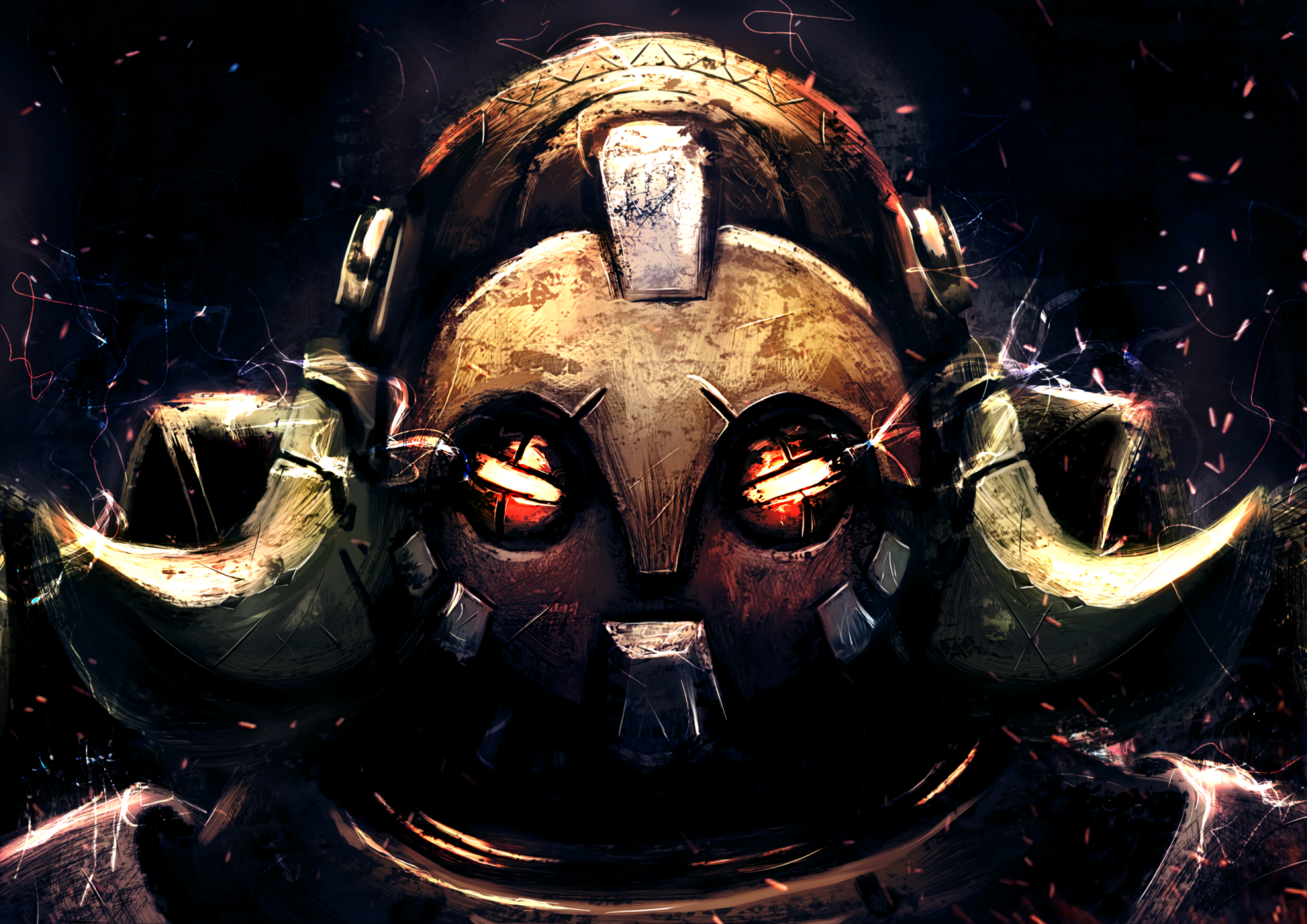 A striking HD desktop wallpaper featuring Orisa from the video game Overwatch, showcasing an intense and detailed close-up of the character's face with glowing eyes and vibrant, dynamic lighting.