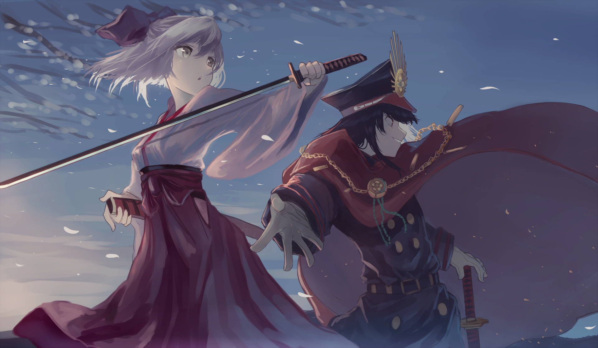 Anime-style HD desktop wallpaper featuring Okita Souji and Nobunaga Oda from Fate/Grand Order, showcasing dynamic poses with a twilight sky background.