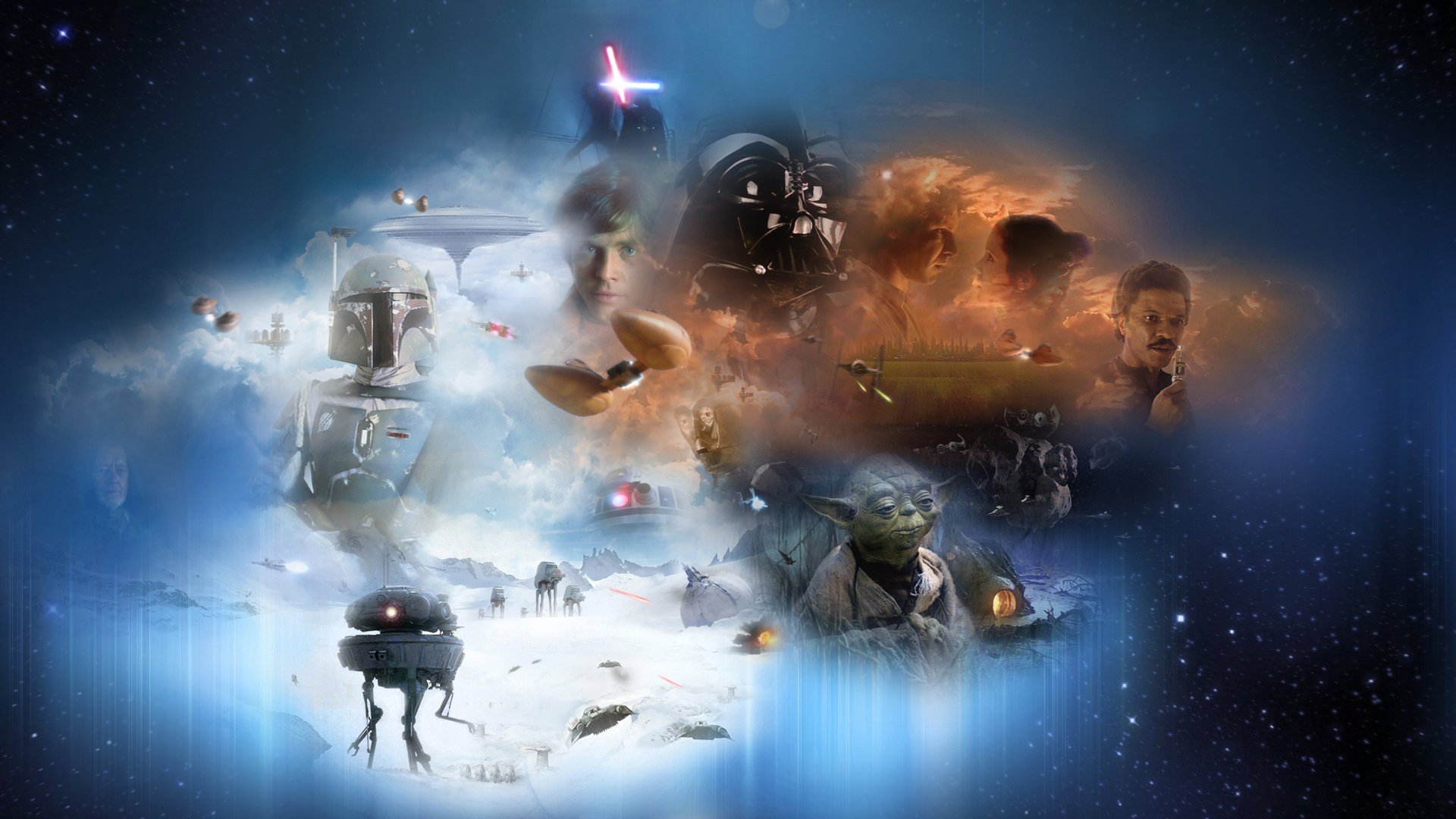 HD PC desktop wallpaper featuring iconic characters from Star Wars Episode V: The Empire Strikes Back, including Princess Leia, Han Solo, Lando, Luke, Yoda, Boba Fett, and Darth Vader.