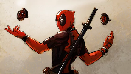 Comic-style Deadpool from the movie strikes a pose with a katana and floating masks; 2K Quad HD PC desktop wallpaper/background.