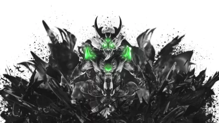 Ao Kuang (Smite) video game character in dark spiky armor with bright green glowing highlights, dramatic monochrome composition — HD PC desktop wallpaper/background.
