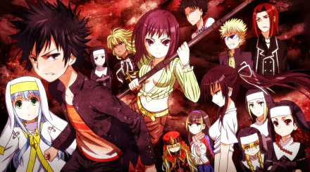 HD anime desktop wallpaper featuring Kamijou Touma and Index Librorum Prohibitorum from A Certain Magical Index, showcasing multiple characters against a fiery red background.