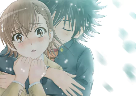 HD desktop wallpaper featuring Kamijou Touma embracing Mikoto Misaka from the anime A Certain Scientific Railgun, with a soft, snowy background.