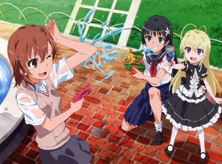 Anime HD wallpaper featuring Ruiko Saten and Mikoto Misaka from A Certain Scientific Railgun, wearing school uniforms with skirts, brown and short hair, engaging in a playful water fight.