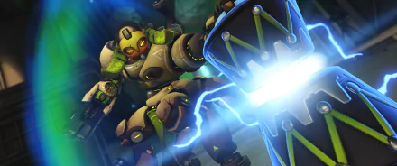 HD PC desktop wallpaper/background: Orisa (Overwatch) from the video game, an armored omnic charging with a glowing energy ram amid blue sparks.