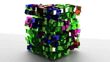3D abstract glass cube in vibrant colors created with Blender, rendered as a 4K Ultra HD PC desktop wallpaper and background.