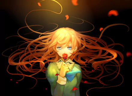 HD desktop wallpaper featuring a vivid illustration of a character from the 2012 video game Ib, with flowing hair and a red rose against a dark background.