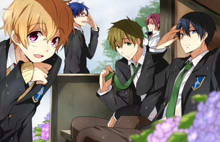 HD PC wallpaper featuring anime characters Rei Ryūgazaki, Makoto Tachibana, Nagisa Hazuki, Rin Matsuoka, and Haruka Nanase from Free! in school uniforms.