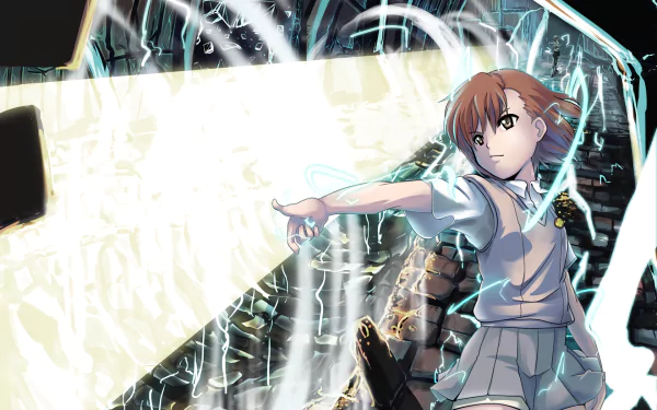 HD PC desktop wallpaper featuring Mikoto Misaka from the anime A Certain Scientific Railgun, showcasing her using electric powers with dynamic lightning effects.