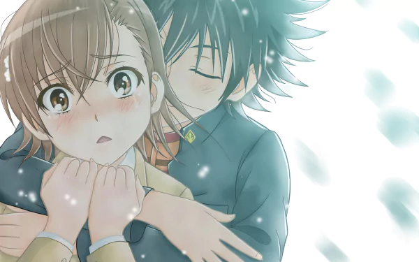 HD desktop wallpaper featuring Kamijou Touma embracing Mikoto Misaka from the anime A Certain Scientific Railgun, with a soft, snowy background.