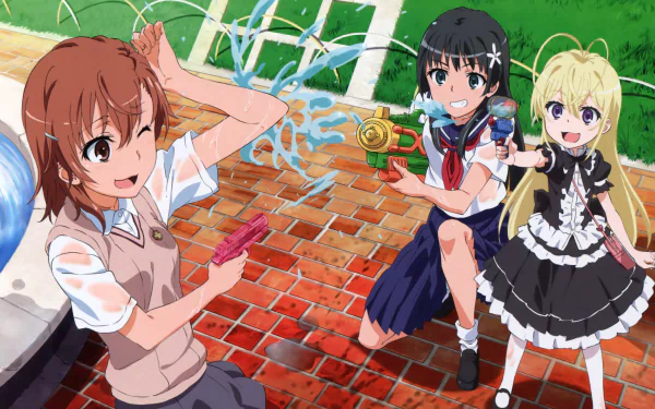 Anime HD wallpaper featuring Ruiko Saten and Mikoto Misaka from A Certain Scientific Railgun, wearing school uniforms with skirts, brown and short hair, engaging in a playful water fight.