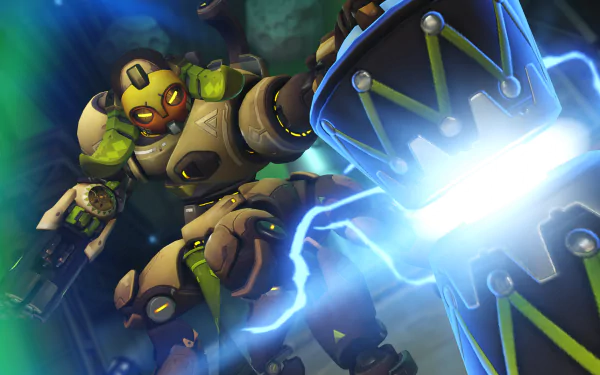 HD PC desktop wallpaper/background: Orisa (Overwatch) from the video game, an armored omnic charging with a glowing energy ram amid blue sparks.