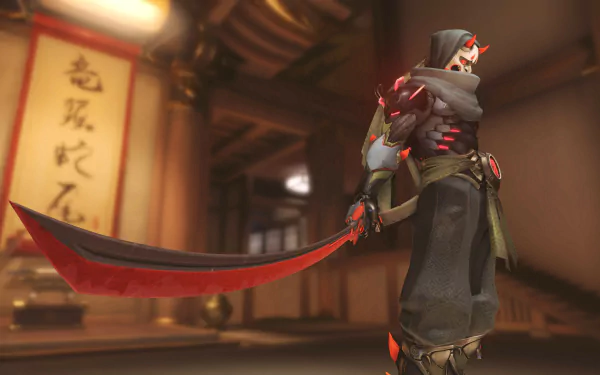 HD PC desktop wallpaper featuring Genji Shimada from Overwatch, showcasing the cybernetic ninja character with his large sword in a traditional Japanese-style interior.