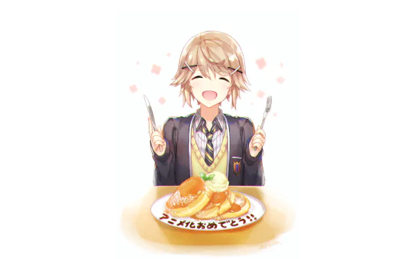 HD PC desktop wallpaper featuring anime character Kojuurou Shuri from Masamune-kun's Revenge, smiling and holding utensils over a plate of pancakes with confetti.