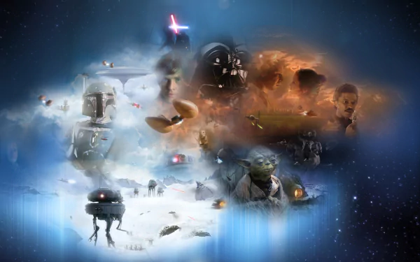 HD PC desktop wallpaper featuring iconic characters from Star Wars Episode V: The Empire Strikes Back, including Princess Leia, Han Solo, Lando, Luke, Yoda, Boba Fett, and Darth Vader.