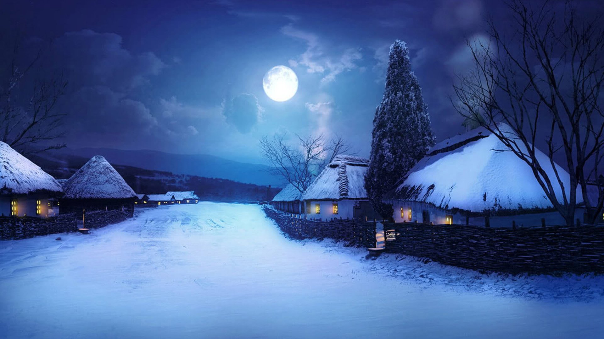 snowy village night