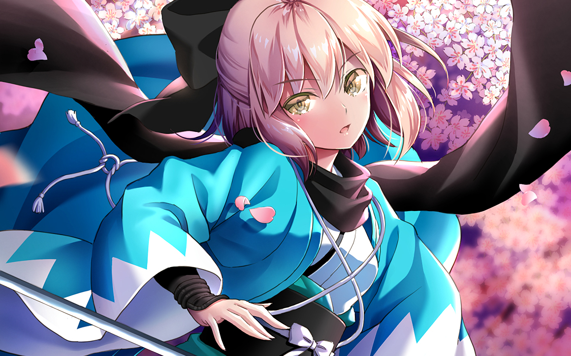 HD PC desktop wallpaper featuring Sakura Saber from Fate/KOHA-ACE in a vibrant anime style with cherry blossoms in the background.