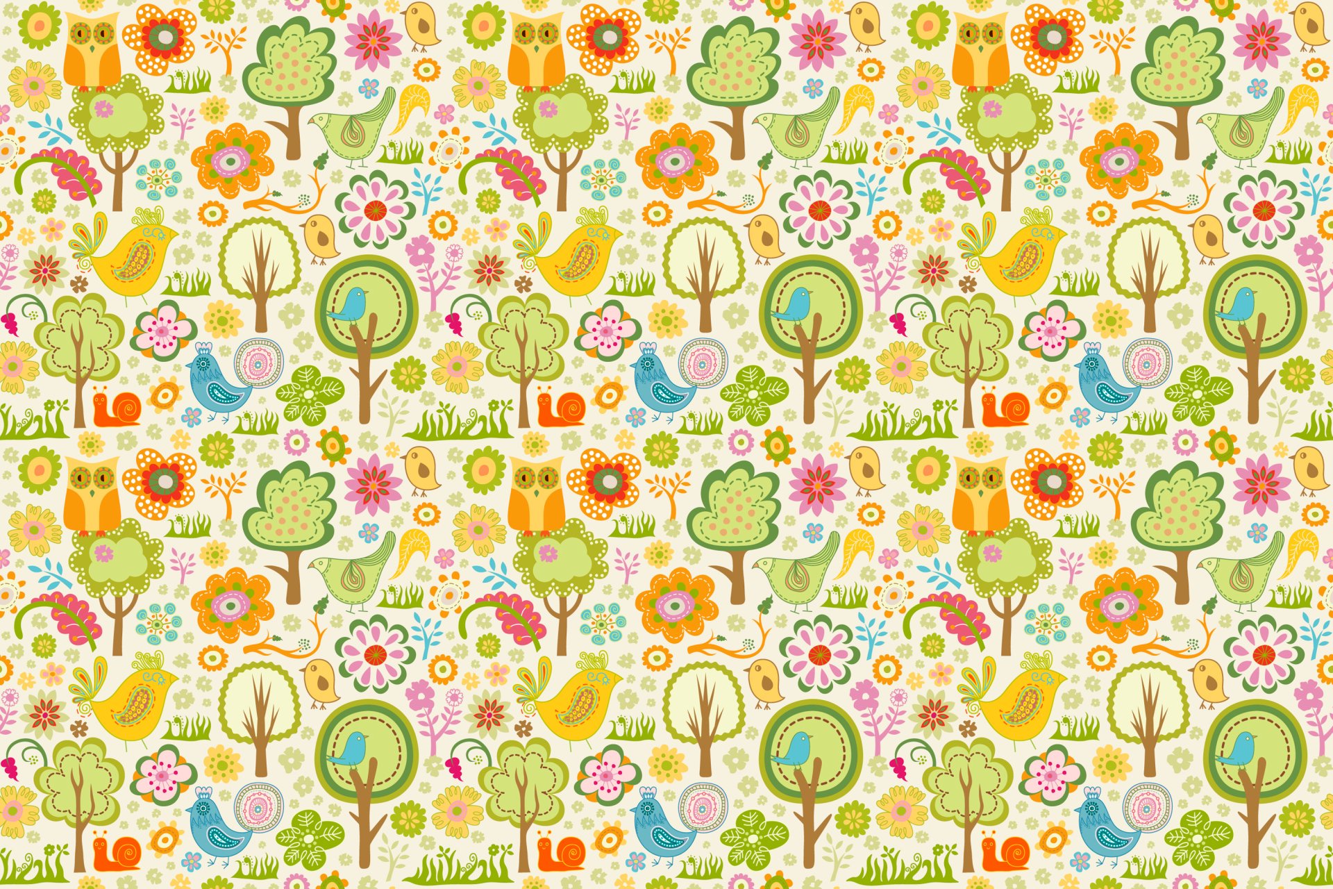 2K Quad HD PC desktop wallpaper with an artistic spring pattern of stylized trees, colorful flowers, and birds in cheerful greens, yellows, and oranges.