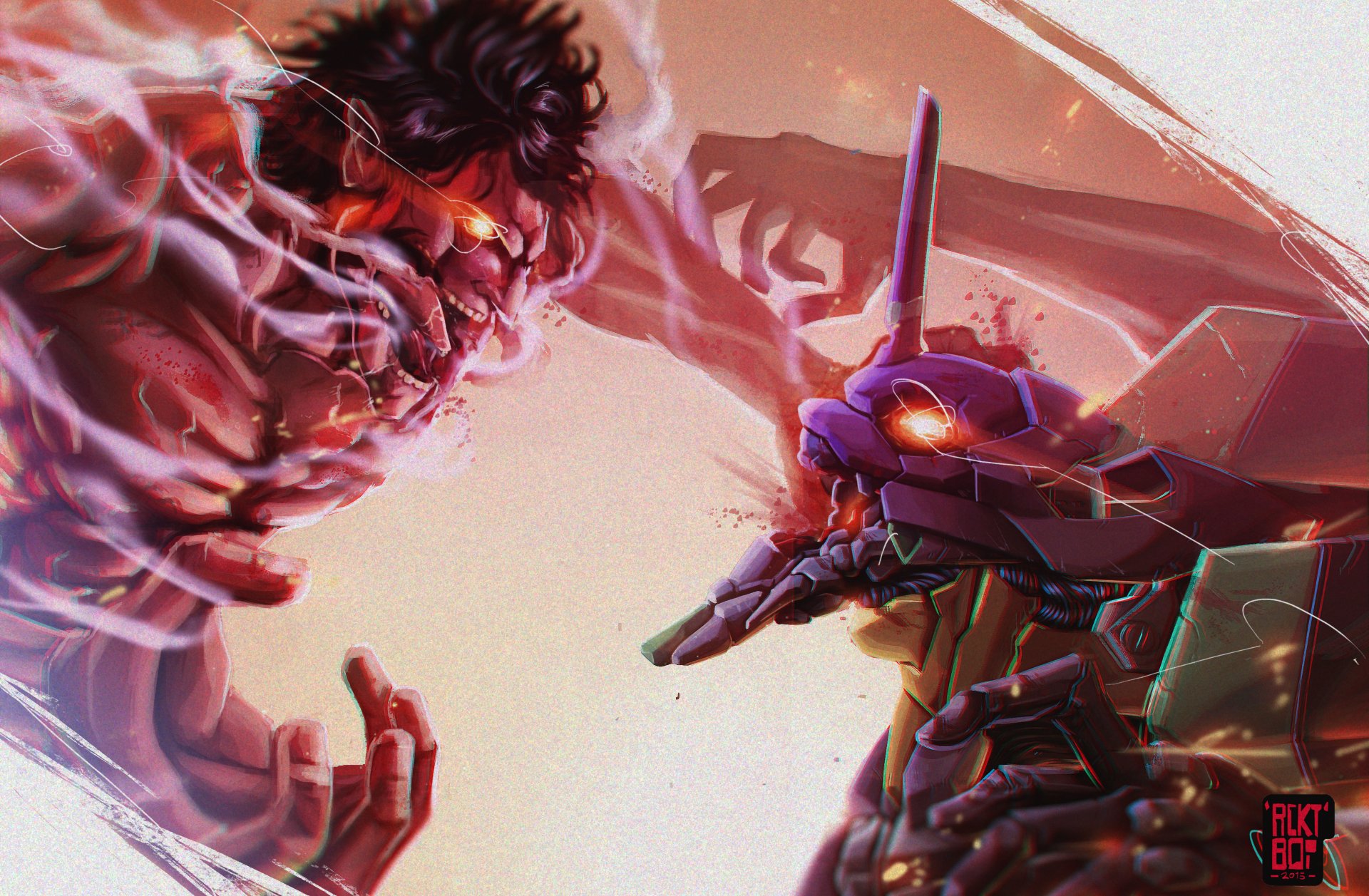 Anime crossover 5K Ultra HD PC desktop wallpaper and background: a demonic titan and armored mecha locked in a fiery close-up clash with dynamic lighting and high-detail textures.