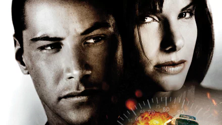 HD PC wallpaper: split portrait of the two lead actors from the action movie Speed, their faces over a burning bus and a glowing speedometer.