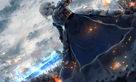 HD desktop wallpaper featuring Saber from the Fate/Stay Night anime series, standing in armor with her sword, amidst a dramatic battlefield background.