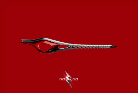HD desktop wallpaper featuring a sleek sword from Power Rangers (2017) on a vibrant red background with the text GO GO and a Power Rangers lightning bolt symbol beneath it.
