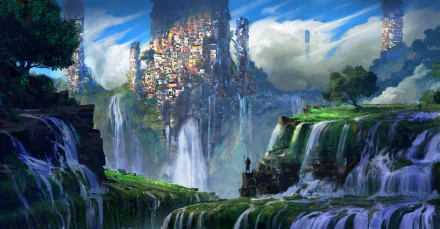 HD fantasy landscape desktop wallpaper featuring a surreal city built into cliffs with multiple cascading waterfalls.