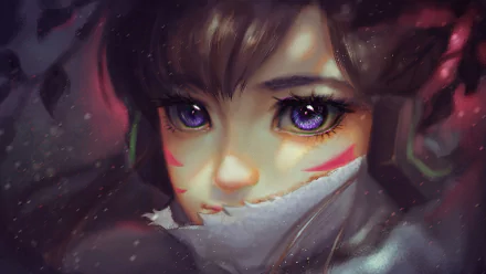 Close-up HD wallpaper of D.Va from the video game Overwatch, featuring her face with a soft expression, marked by her signature face paint and detailed artwork.