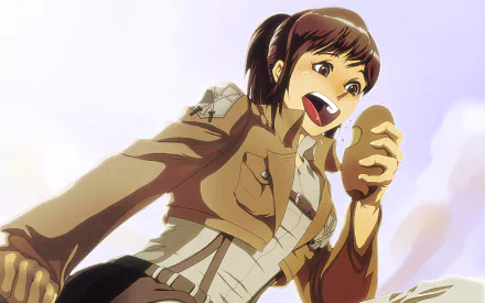 HD PC desktop wallpaper of Sasha Blouse from Attack on Titan — anime scene of her mid-leap, laughing while holding a potato.