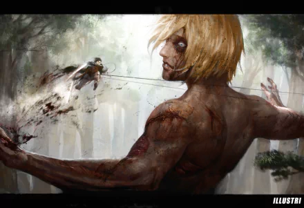 HD wallpaper featuring Annie Leonhart's Titan form in a forest battle scene from Attack on Titan, capturing intense action and detailed artistry.