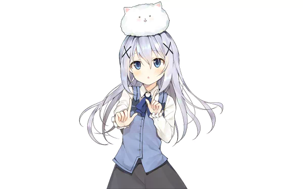 Chino Kafū from the anime Is the Order a Rabbit, depicted with long silver hair and a white fluffy creature on her head, in a HD PC desktop wallpaper style.