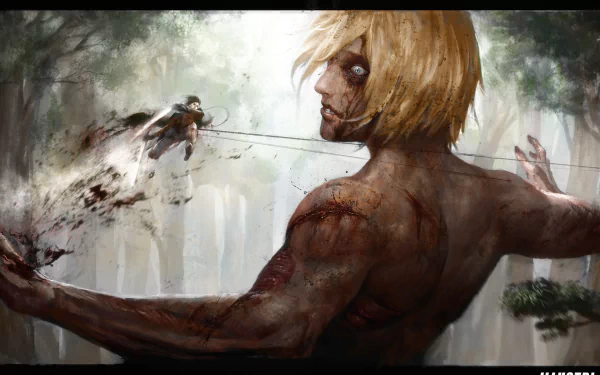 HD wallpaper featuring Annie Leonhart's Titan form in a forest battle scene from Attack on Titan, capturing intense action and detailed artistry.