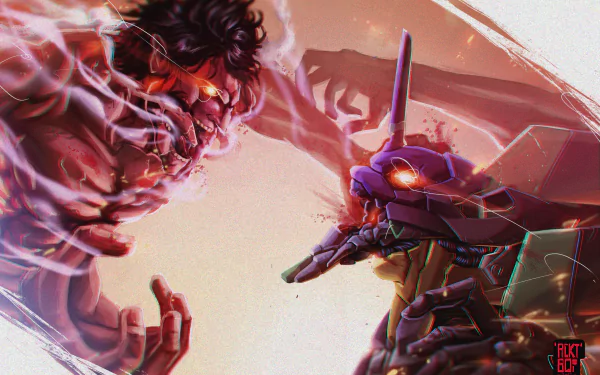 Anime crossover 5K Ultra HD PC desktop wallpaper and background: a demonic titan and armored mecha locked in a fiery close-up clash with dynamic lighting and high-detail textures.