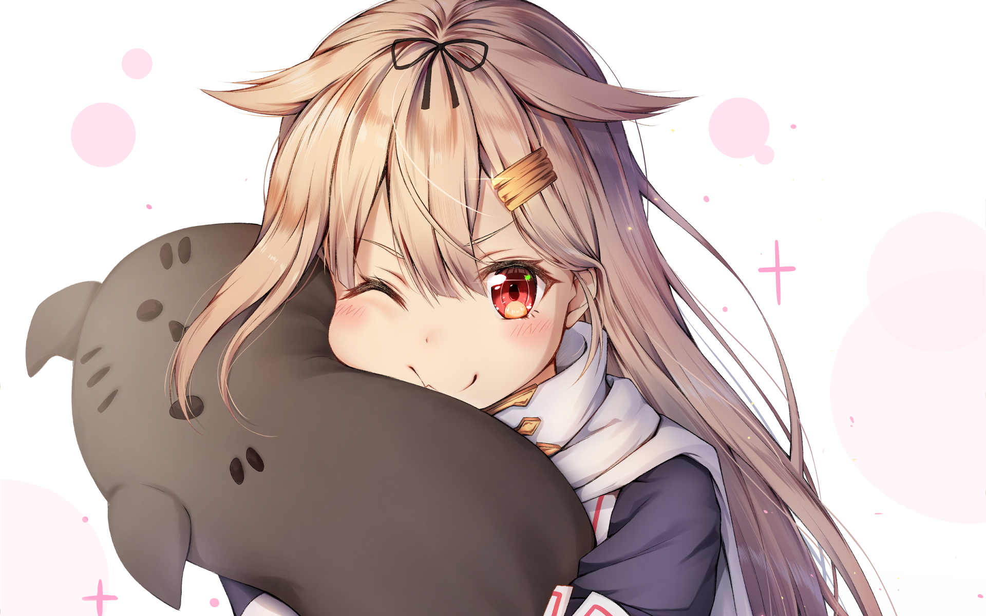 HD PC desktop wallpaper of Yuudachi (Kancolle) from Kantai Collection — anime girl winking while hugging a seal plush, long blonde hair and scarf, pink bokeh background.