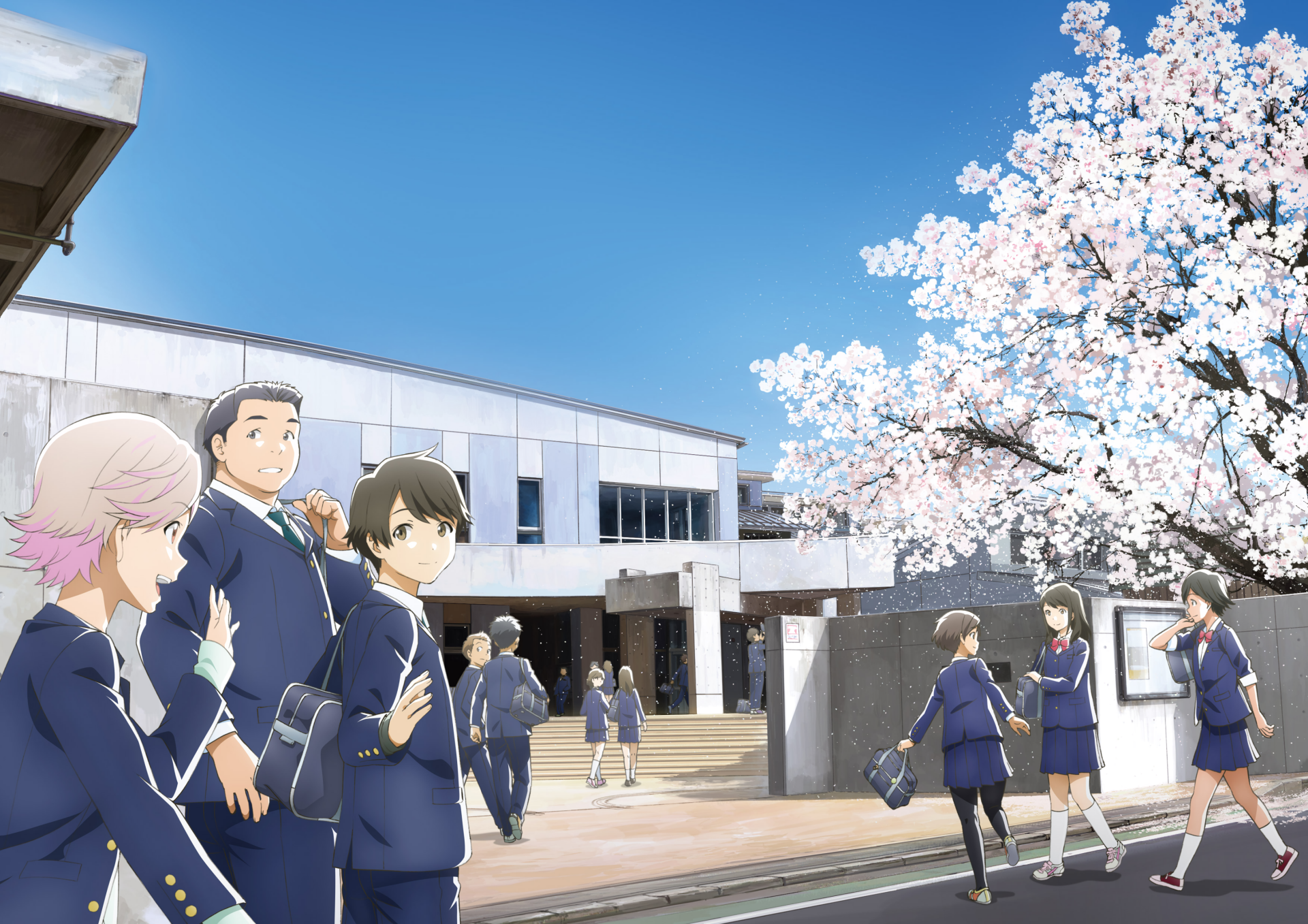 HD desktop wallpaper featuring Kotarō Azumi, Akane Mizuno, and other characters from the anime Tsuki ga Kirei in their school uniforms, set against a backdrop of a school and blooming cherry blossoms.