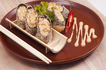 Close-up of sushi rolls made with rice and seafood, garnished with a chili pepper and dressing on a brown plate, captured in HD for a desktop wallpaper.