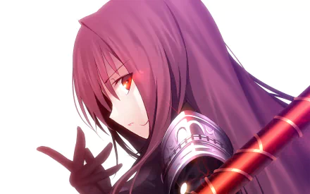 HD desktop wallpaper featuring Scathach from Fate/Grand Order. The anime character is depicted with long purple hair, red eyes, and armor, posing with a confident and serene expression.