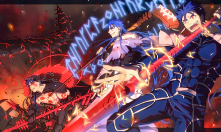 HD desktop wallpaper featuring characters from the anime Fate/Grand Order, with vivid colors and dynamic action poses surrounded by magical runes and fiery effects in the background.