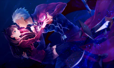 HD desktop wallpaper and background from the anime Fate/Stay Night: Unlimited Blade Works featuring two characters in an intense, dramatic pose against a starry backdrop.