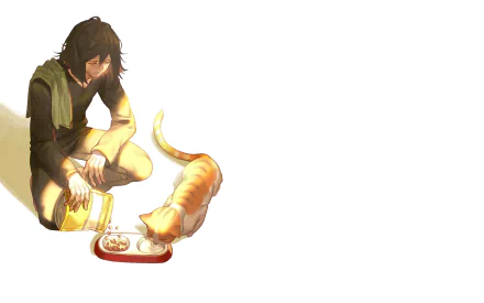 Anime HD desktop wallpaper featuring Shouta Aizawa from My Hero Academia with black hair, pouring milk for a cat sitting next to a food tray.