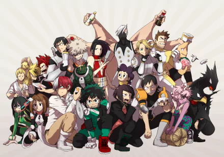 A high-definition wallpaper featuring characters from My Hero Academia, including Mina Ashido, Momo Yaoyorozu, Fumikage Tokoyami, Minoru Mineta, Denki Kaminari, Eijiro Kirishima, and others, in dynamic poses.