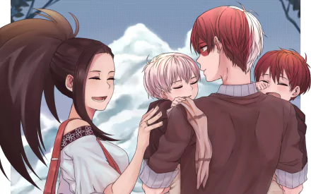 HD desktop wallpaper featuring Shoto Todoroki and Momo Yaoyorozu from My Hero Academia in an affectionate family scene with two small children against a snowy background.