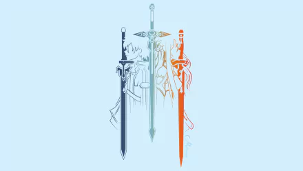 HD desktop wallpaper inspired by Sword Art Online, featuring stylized swords and character outlines in blue and orange tones.